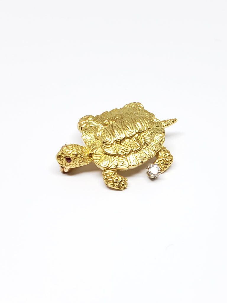  14 K yellow Gold Turtle Pin with Rubies and Diamonds