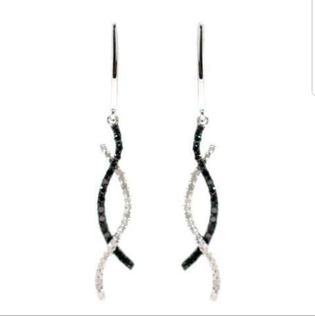  10 K White Gold Black and White Diamond Twist Earrings