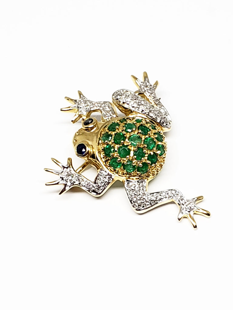  14 K Yellow Gold Emerald and Diamond Frog Pin
